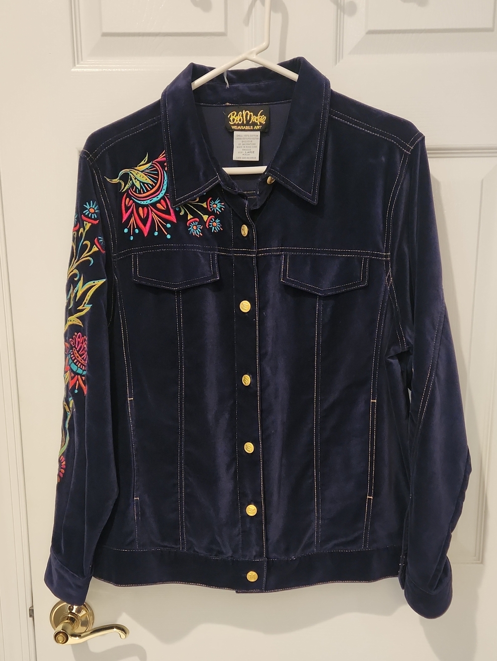 Bob Mackie Wearable Art Navy Velvet Jacket with Floral Embroidery Sz. L